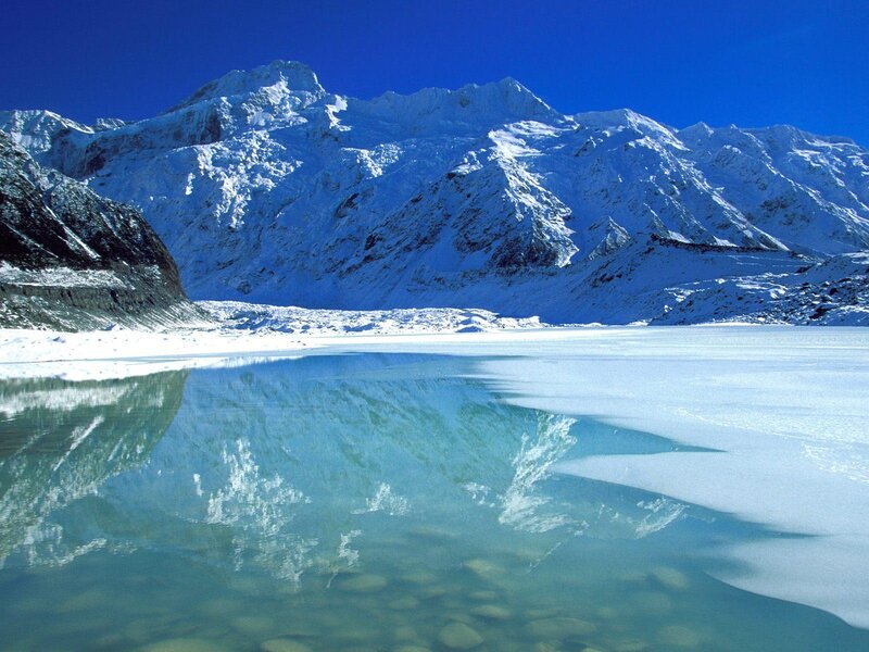 Snow-covered Mountains — Blue, Serene, Winter, Photograph, Lake, Reflection