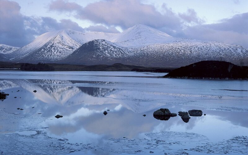 Snow-covered Mountains — Blue, Serene, Winter, Photograph, Lake, Rocks, Clouds, White, Gray