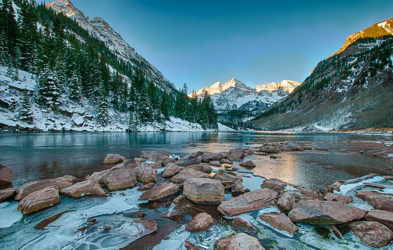 Snow-covered Mountains — Blue, Serene, Winter, Photograph, Lake, Rocks, Trees
