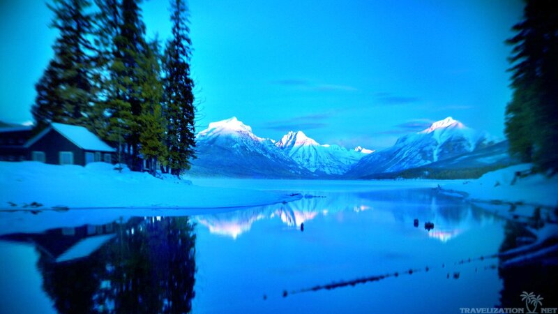 Snow-covered Mountains — Blue, Serene, Winter, Photograph, Lake, Trees, Cabin