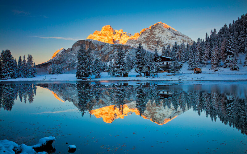 Snow-covered Mountains — Blue, Serene, Winter, Photograph, Lake, Trees, Mountain