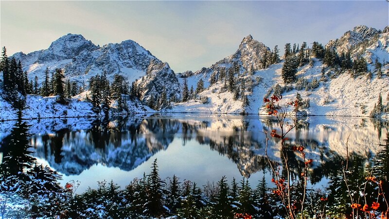 Snow-covered Mountains — Blue, Serene, Winter, Photograph, Lake, Trees, Reflection