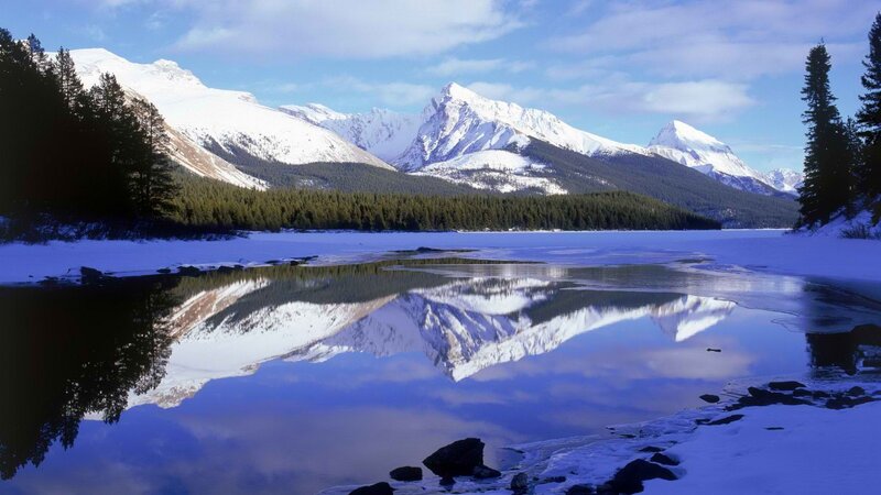 Snow-covered Mountains — Blue, Serene, Winter, Photograph, Lake, Trees, Reflection, White, Green
