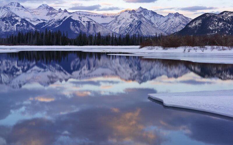 Snow-covered Mountains — Blue, Serene, Winter, Photograph, Lake, Trees, Sky