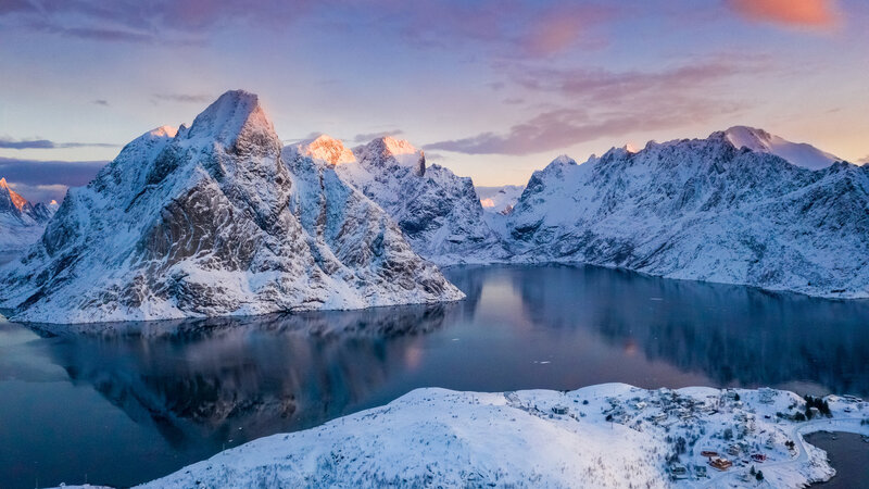 Snow-covered Mountains — Blue, Serene, Winter, Photograph, Lake, Village