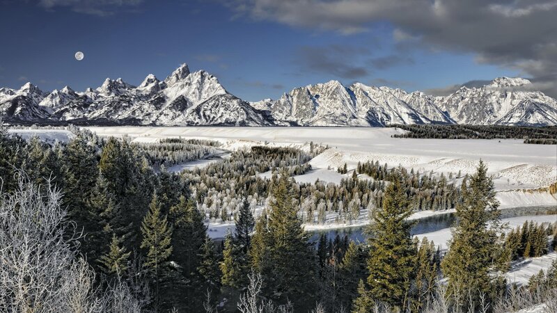 Snow-covered Mountains — Blue, Serene, Winter, Photograph, Moon, Forest
