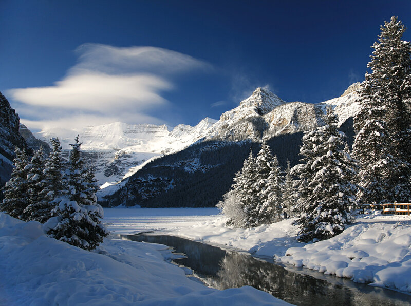 Snow-covered Mountains — Blue, Serene, Winter, Photograph, Pine Trees, River