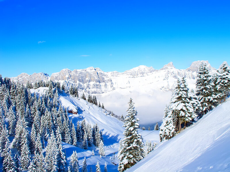 Snow-covered Mountains — Blue, Serene, Winter, Photograph, Pine Trees, Ski Lift