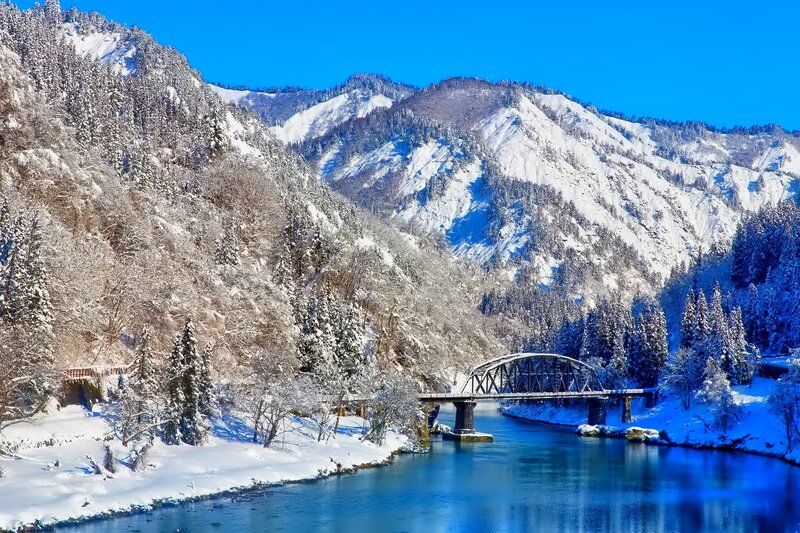 Snow-covered Mountains — Blue, Serene, Winter, Photograph, River, Bridge