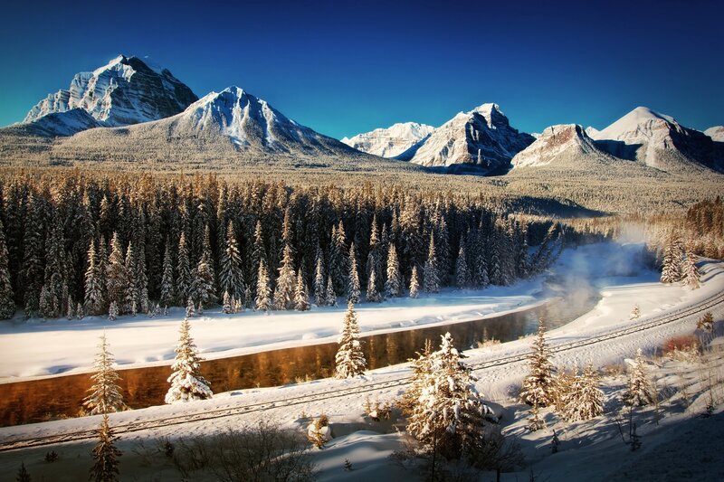 Snow-covered Mountains — Blue, Serene, Winter, Photograph, River, Forest