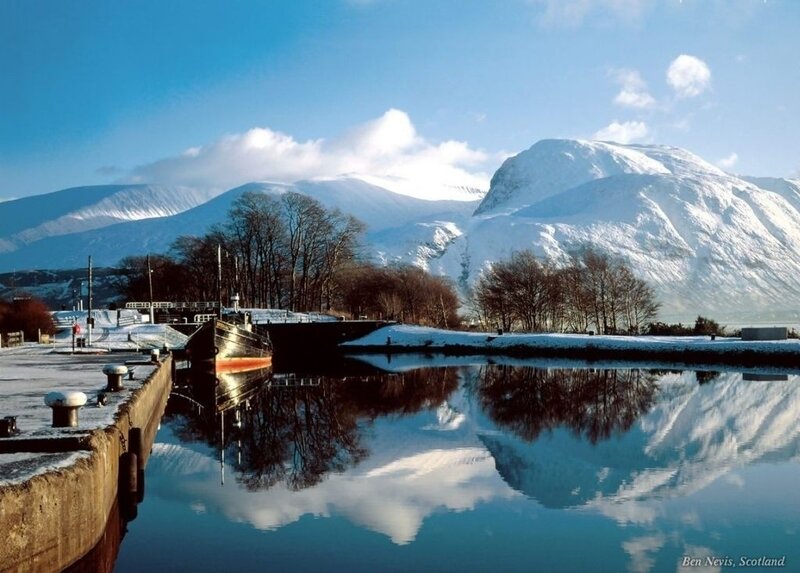 Snow-covered Mountains — Blue, Serene, Winter, Photograph, River
