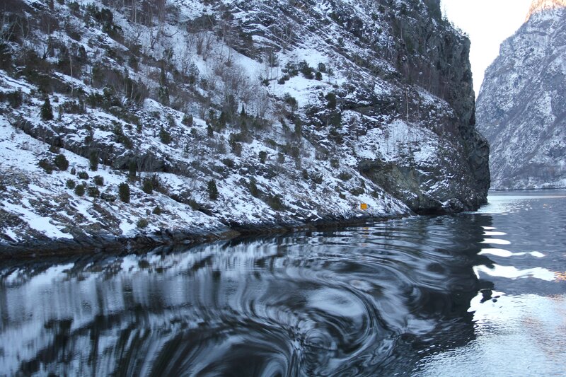 Snow-covered Mountains — Blue, Serene, Winter, Photograph, River, Trees, Cliffs