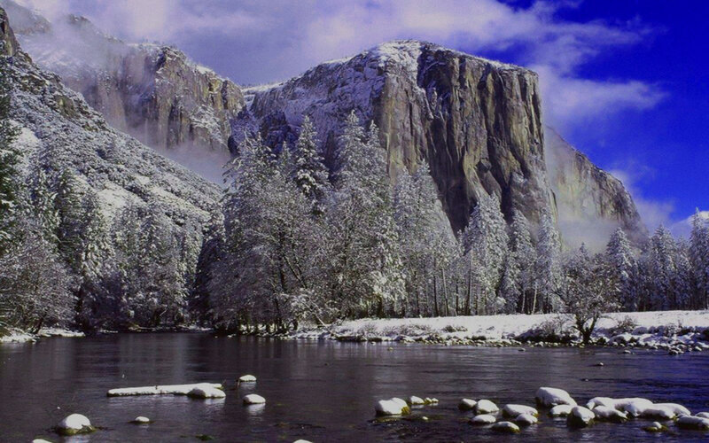 Snow-covered Mountains — Blue, Serene, Winter, Photograph, River, Trees