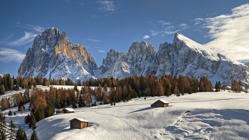 Snow-covered Mountains — Blue, Serene, Winter, Photograph, Trees, Cabins