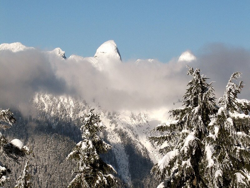 Snow-covered Mountains — Blue, Serene, Winter, Photograph, Trees, Clouds, Sky