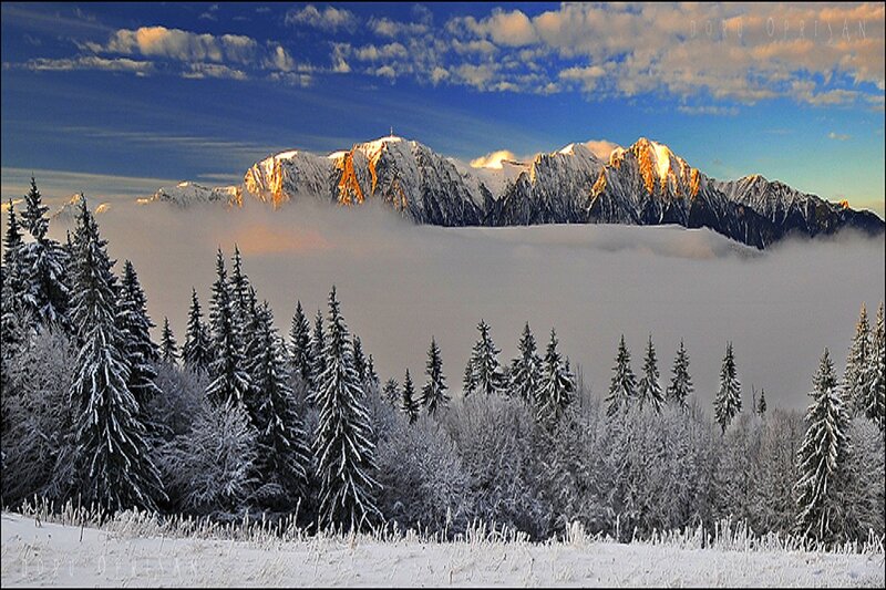 Snow-covered Mountains — Blue, Serene, Winter, Photograph, Trees, Clouds, Snow