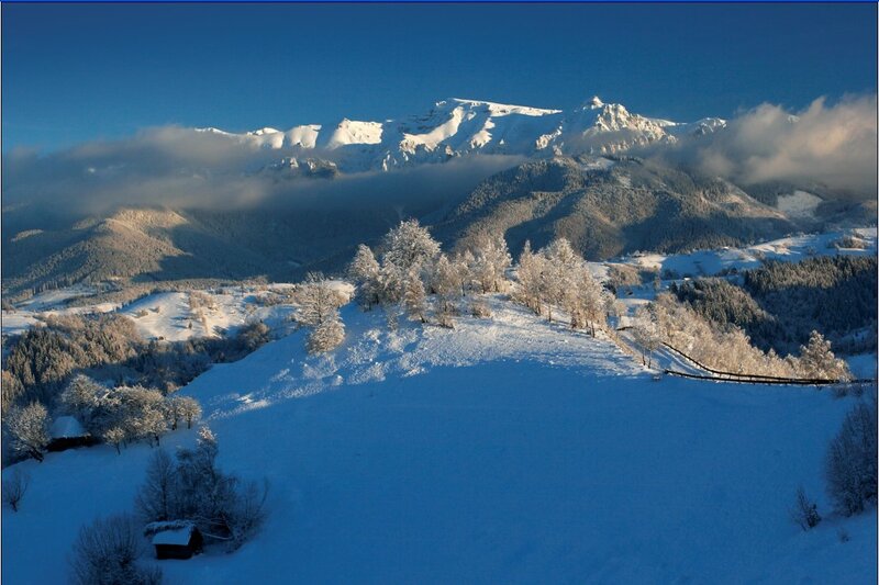 Snow-covered Mountains — Blue, Serene, Winter, Photograph, Trees, Clouds