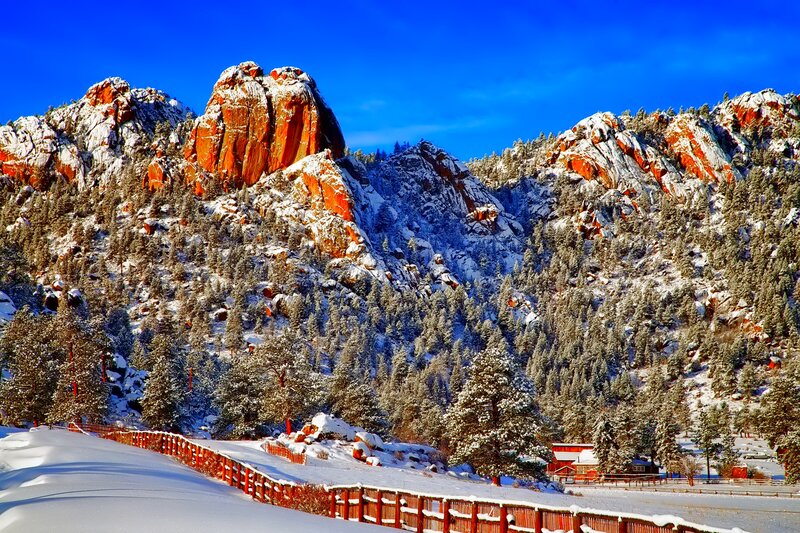 Snow-covered Mountains — Blue, Serene, Winter, Photograph, Trees, Fence