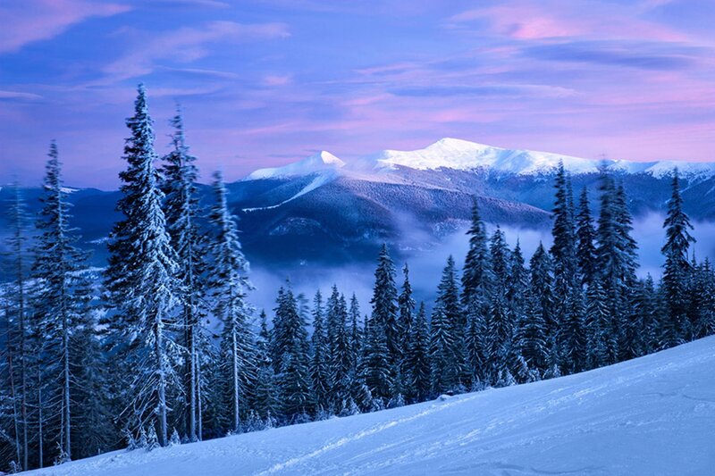Snow-covered Mountains — Blue, Serene, Winter, Photograph, Trees, Fog