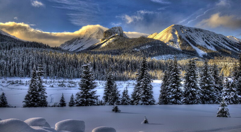 Snow-covered Mountains — Blue, Serene, Winter, Photograph, Trees, Forest, Clouds