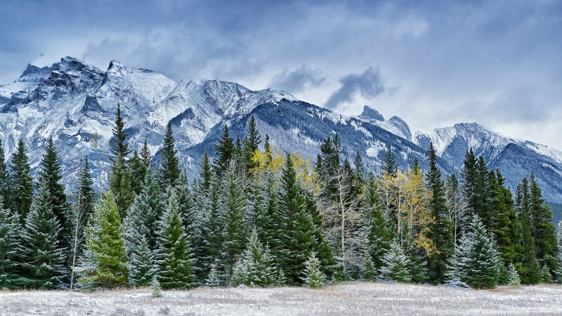 Snow-covered Mountains — Blue, Serene, Winter, Photograph, Trees, Forest, Sky