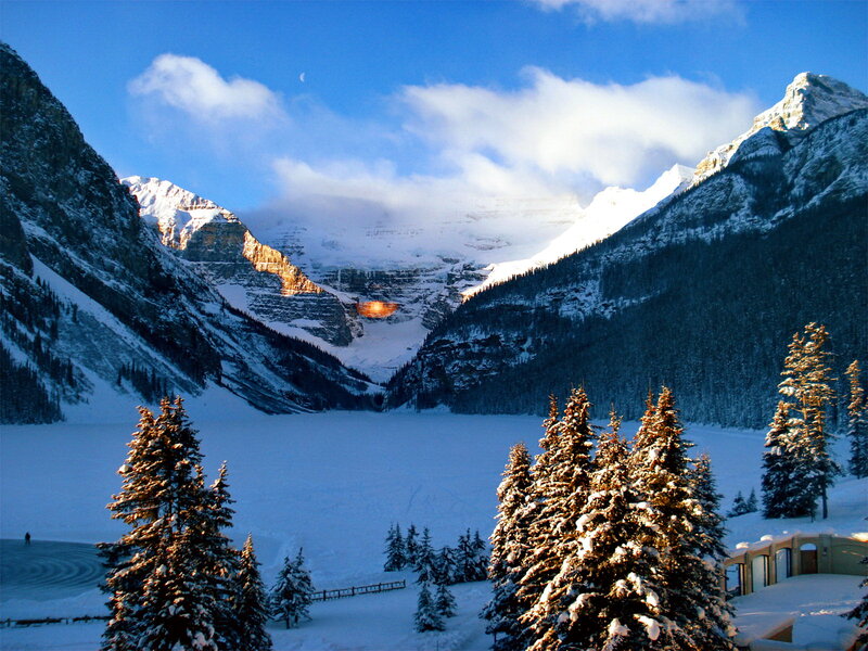 Snow-covered Mountains — Blue, Serene, Winter, Photograph, Trees, Lake, Moon