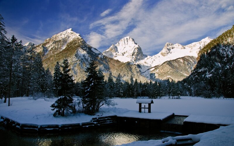 Snow-covered Mountains — Blue, Serene, Winter, Photograph, Trees, Lake, Mountain