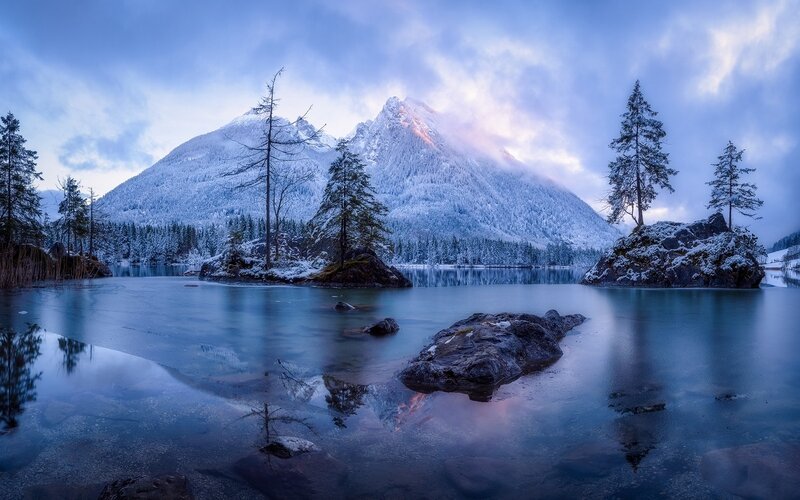 Snow-covered Mountains — Blue, Serene, Winter, Photograph, Trees, Lake, Rocks