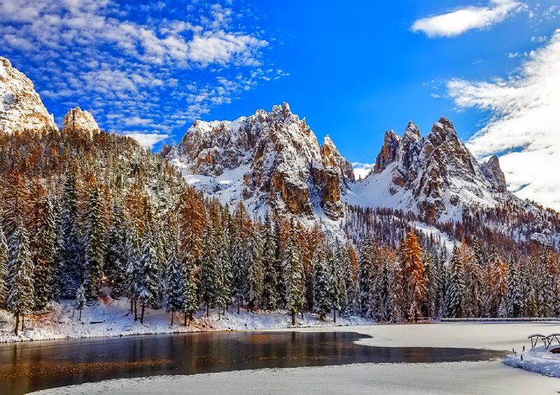 Snow-covered Mountains — Blue, Serene, Winter, Photograph, Trees, Lake, Sky