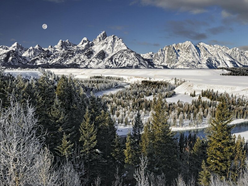 Snow-covered Mountains — Blue, Serene, Winter, Photograph, Trees, River, Moon