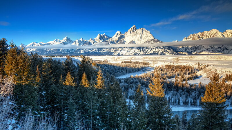 Snow-covered Mountains — Blue, Serene, Winter, Photograph, Trees, River