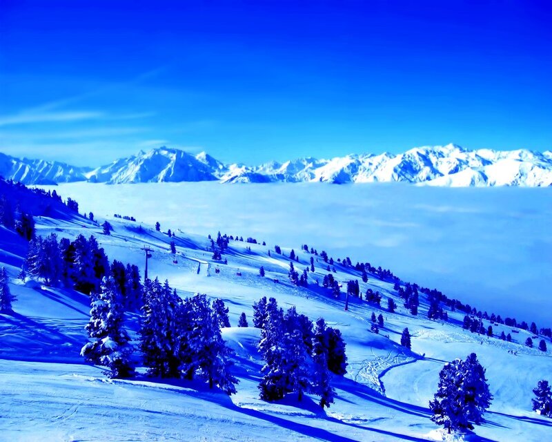 Snow-covered Mountains — Blue, Serene, Winter, Photograph, Trees, Ski Lift, Clouds, White