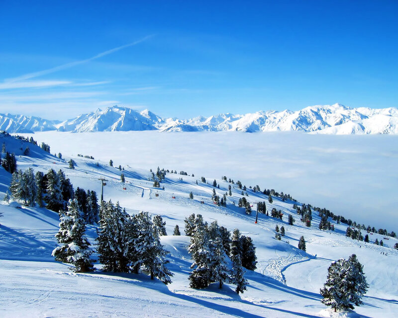 Snow-covered Mountains — Blue, Serene, Winter, Photograph, Trees, Ski Lifts, Clouds