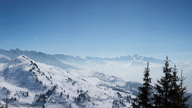Snow-covered Mountains — Blue, Serene, Winter, Photograph, Trees, Sky, Hills
