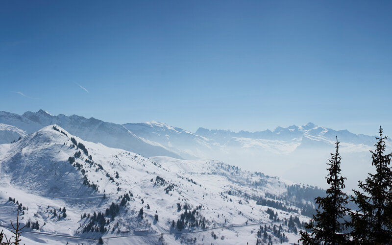Snow-covered Mountains — Blue, Serene, Winter, Photograph, Trees, Sky, Hills, White