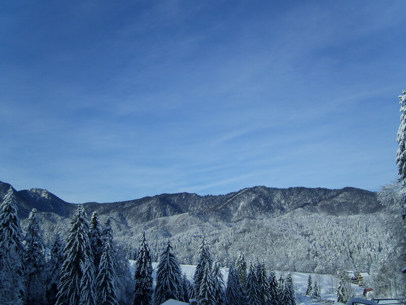 Snow-covered Mountains — Blue, Serene, Winter, Photograph, Trees, Sky