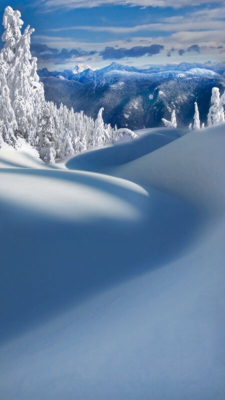 Snow-covered Mountains — Blue, Serene, Winter, Photograph, Trees, Sky, White, Portrait