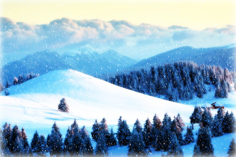 Snow-covered Mountains — Blue, Serene, Winter, Photograph, Trees, Snow, House