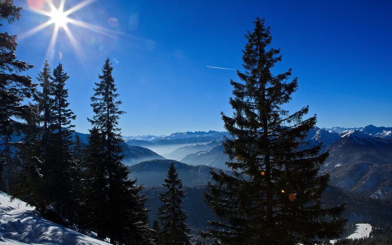 Snow-covered Mountains — Blue, Serene, Winter, Photograph, Trees, Sun, Airplane