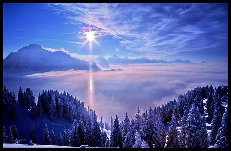 Snow-covered Mountains — Blue, Serene, Winter, Photograph, Trees, Sun, Clouds