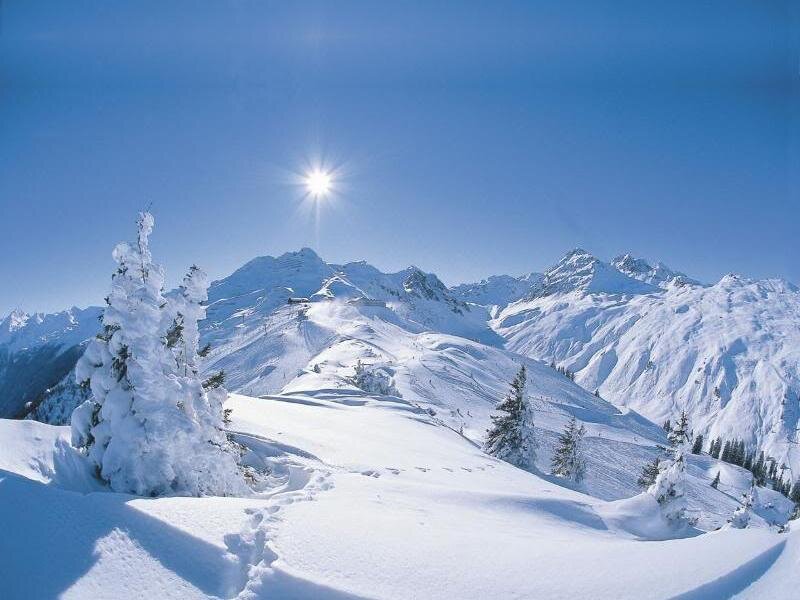 Snow-covered Mountains — Blue, Serene, Winter, Photograph, Trees, Sun