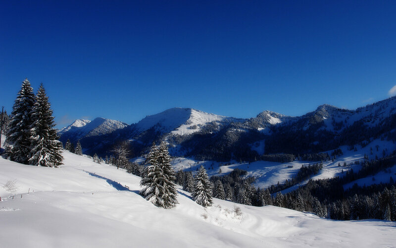 Snow-covered Mountains — Blue, Serene, Winter, Photograph, Trees, Valley