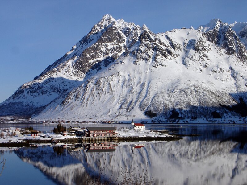 Snow-covered Mountains — Blue, Serene, Winter, Photograph, Village, Church, Lake