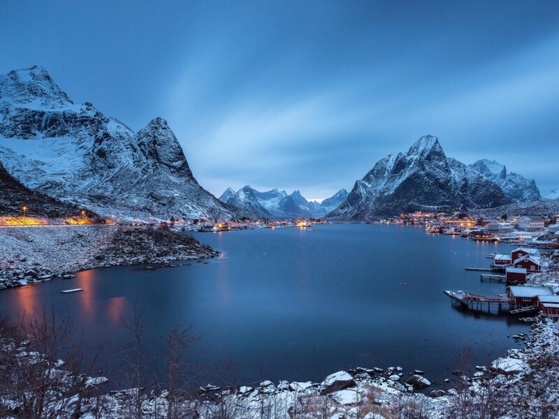 Snow-covered Mountains — Blue, Serene, Winter, Photograph, Village, Harbor