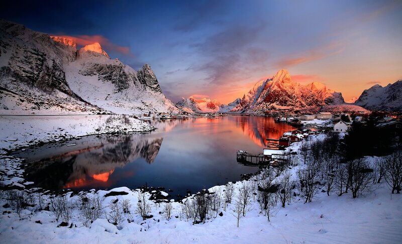 Snow-covered Mountains — Blue, Serene, Winter, Photograph, Village, Lake, Trees