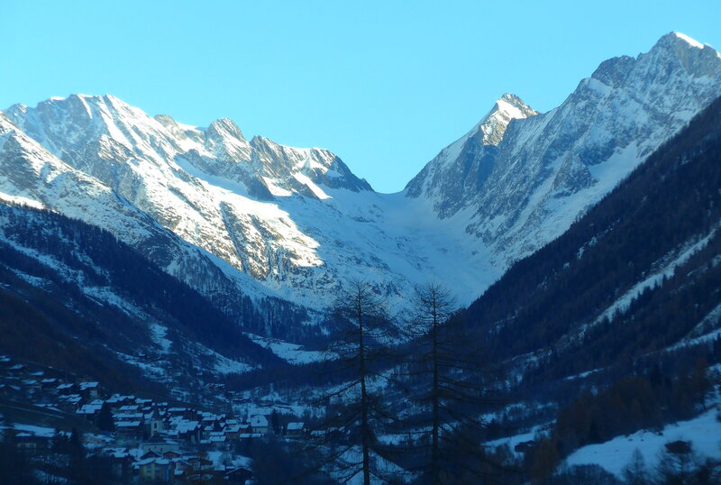 Snow-covered Mountains — Blue, Serene, Winter, Photograph, Village, Trees