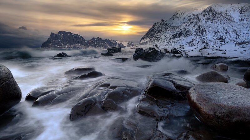 Snow-covered Mountains — Gray, Dramatic, Sunset, Photograph, Ocean