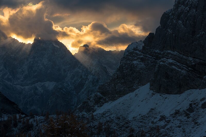 Snow-covered Mountains — Gray, Dramatic, Sunset, Photograph