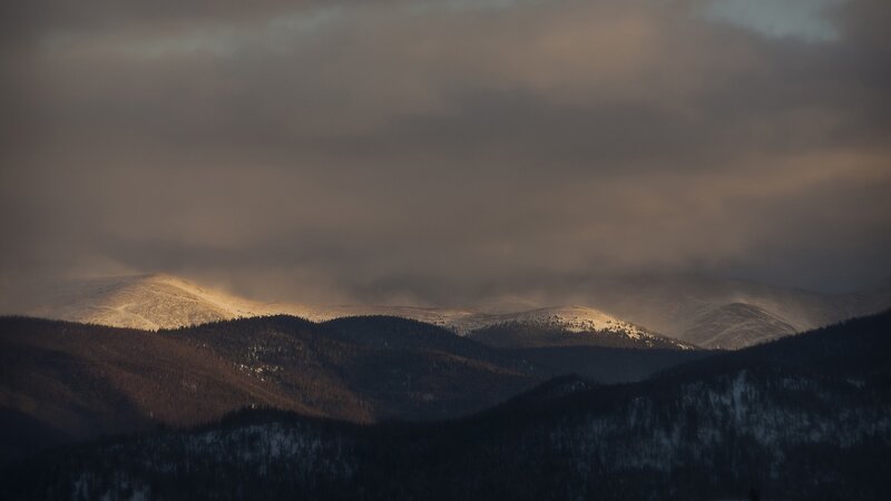 Snow-covered Mountains — Gray, Dramatic, Winter, Photograph, Clouds, Forests, Sunlight