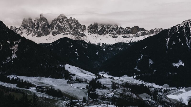 Snow-covered Mountains — Gray, Dramatic, Winter, Photograph, Valley